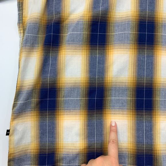 RVCA Shirt Mens S Small Yellow Blue Plaid Button Up Short Sleeve Drop Cut Pocket - Picture 7 of 12
